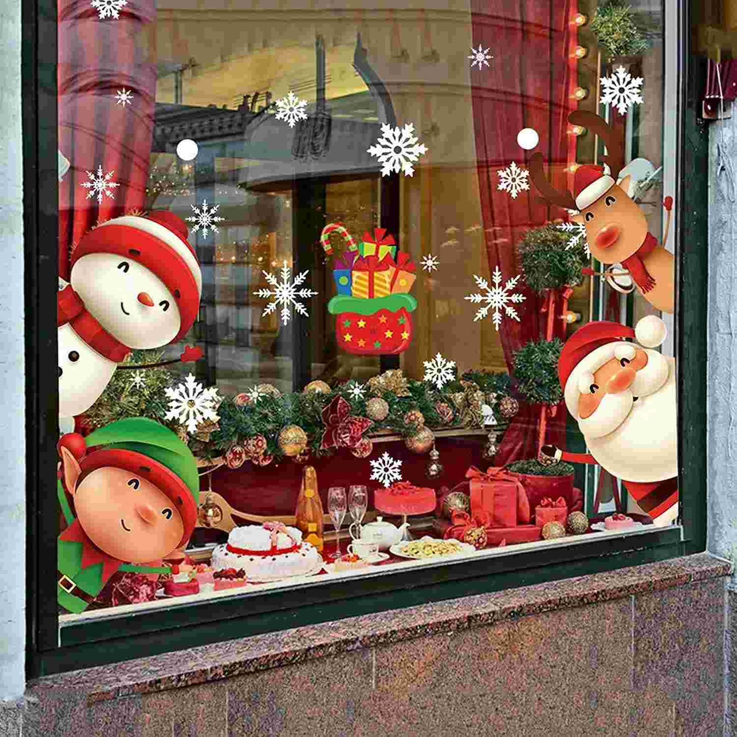 Adesivos de Natal para Janela com Flocos de Neve - Decalques Decorativos para Vidro com Papai Noel, Rena e Festa