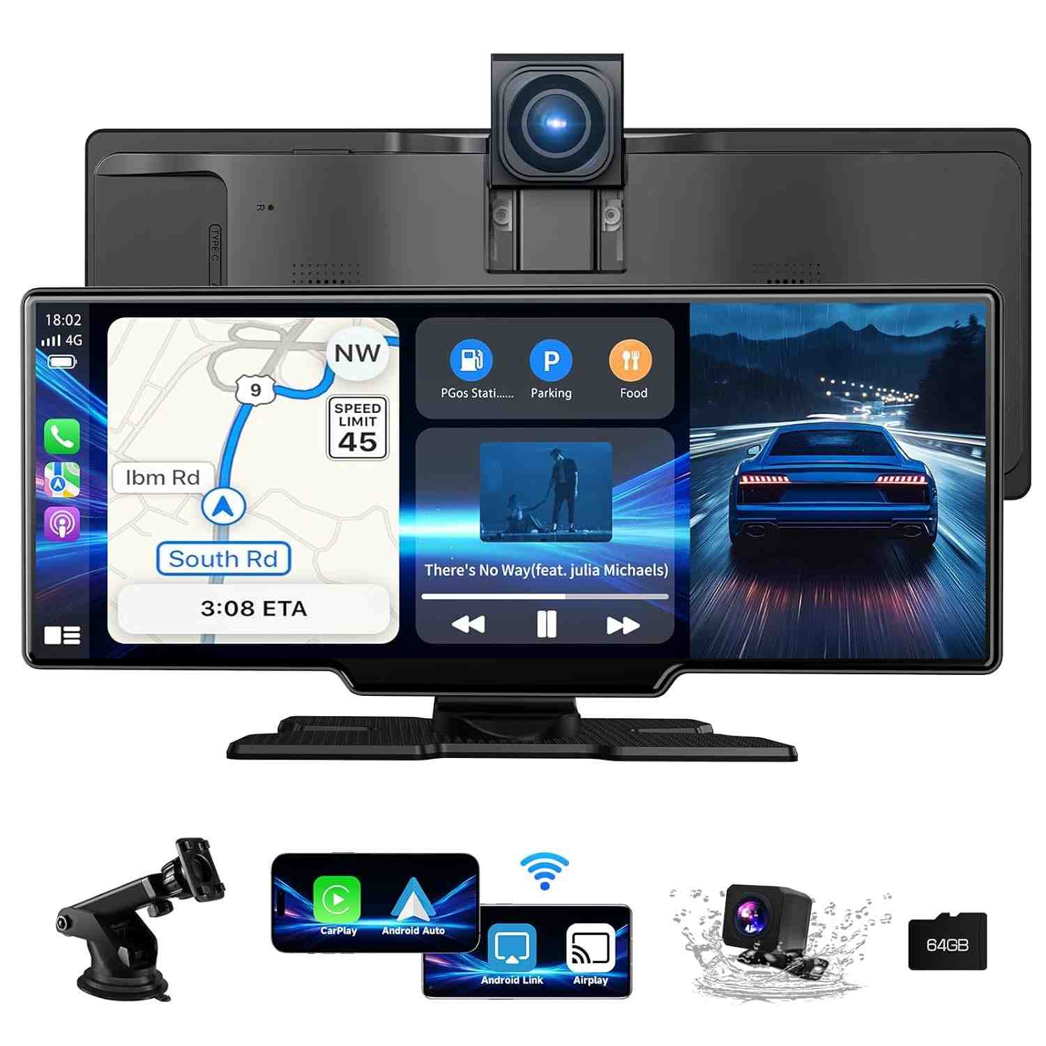 Tela CarPlay Sem Fio 10.4" Android 4K com Câmeras Frontal/Traseira 1080P | Navegação e Entretenimento Inteligente