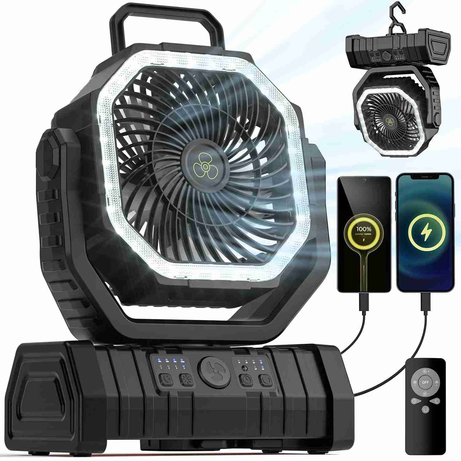 Ventilador de Acampamento com Bateria 20000mAh, 4 Velocidades, Lanterna LED e Gancho - Ideal para Camping, Praia e Ambientes Internos