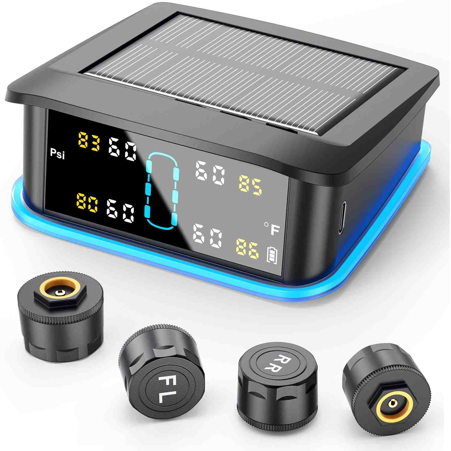 Monitore a Pressão dos Pneus com Segurança: TPMS Solar com 4 Sensores e Alertas Inteligentes