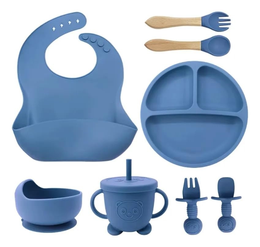 Kit Alimentação Bebê em Silicone com Ventosa e Talheres Anatômicos - Azul Escuro | Seguro, Prático e Sem BPA