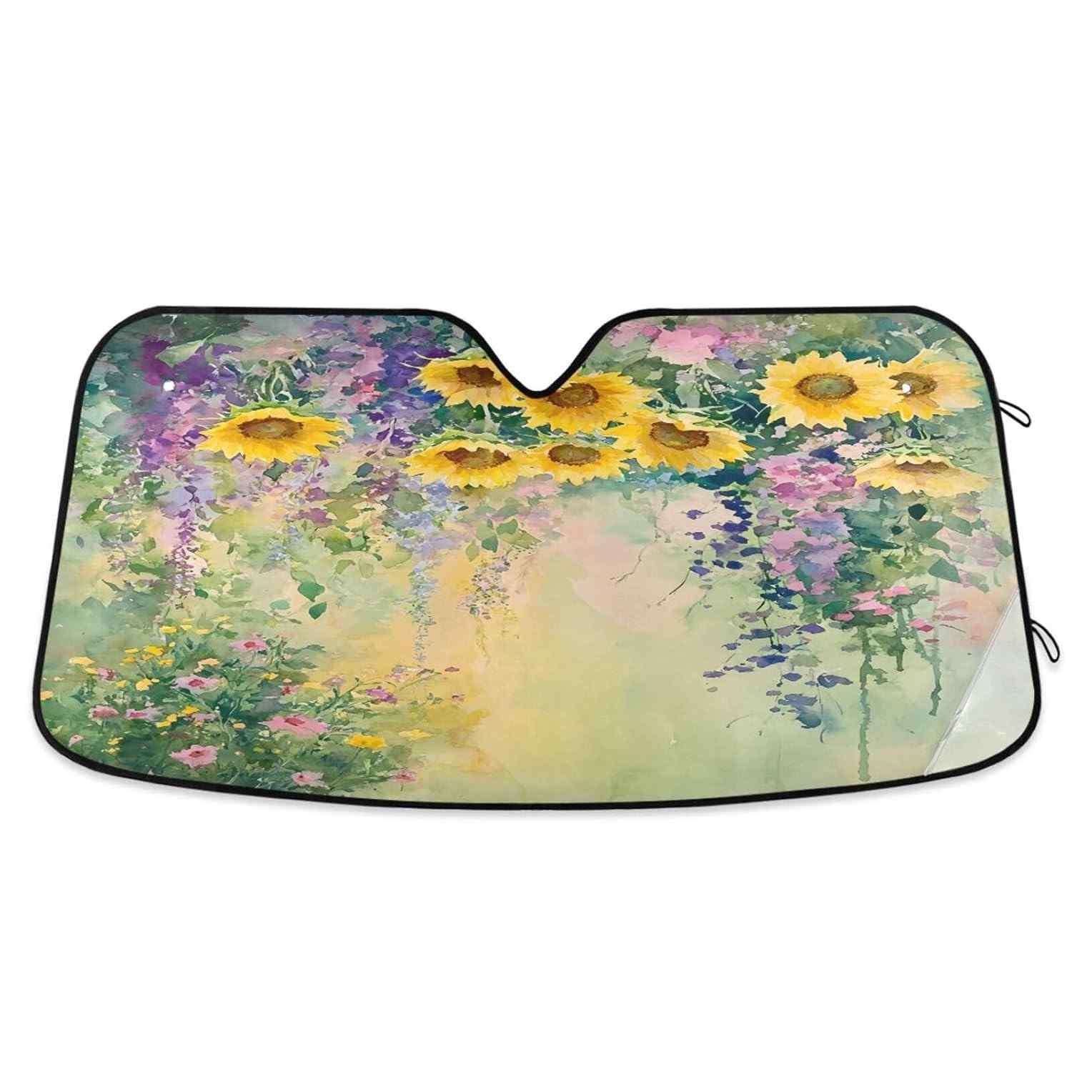 Para-Brisa Aquarela Girassóis com Bloqueio UV - Proteção Solar Dobrável para Carros