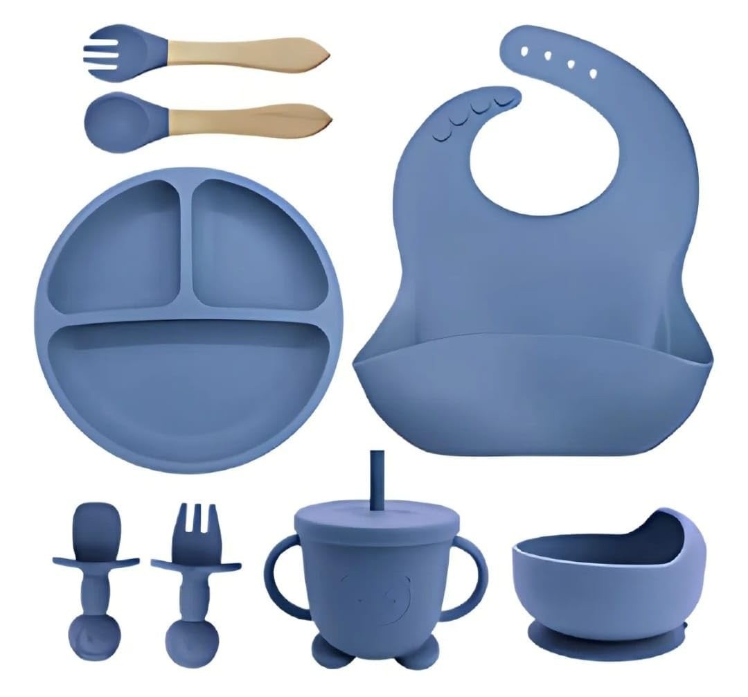 Kit Introdução Alimentar Bebê 8 Peças com Silicone Antitóxico Azul