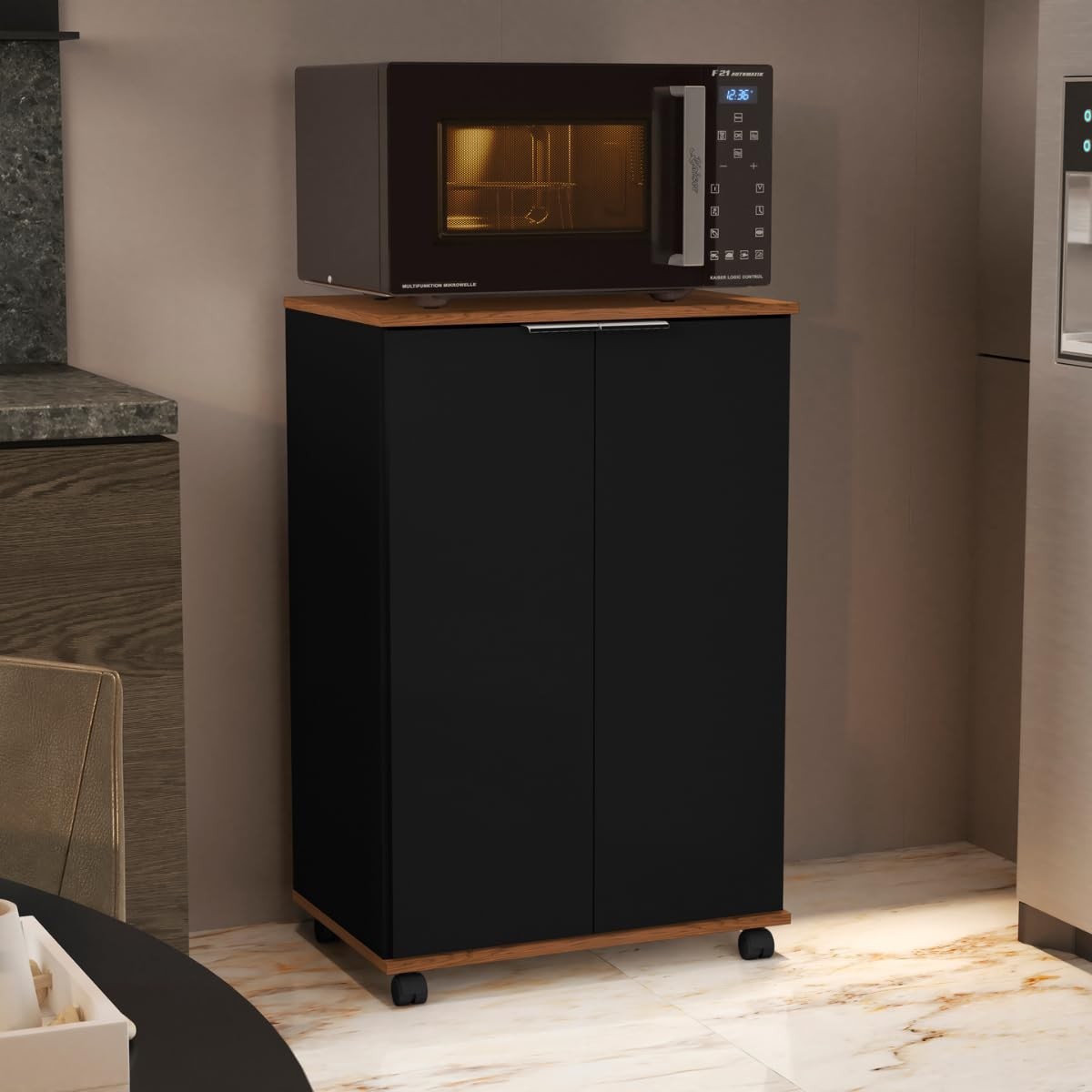 Balcão Prático para Cozinha com Microondas – Armário Multiuso 2 Portas em Preto