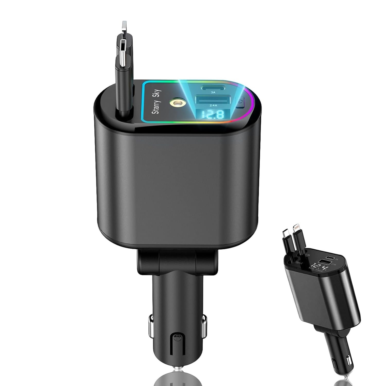 Cabo Carregador 4 em 1 Retrátil 120W Tipo C + iPhone 12W com Luz Estrelada