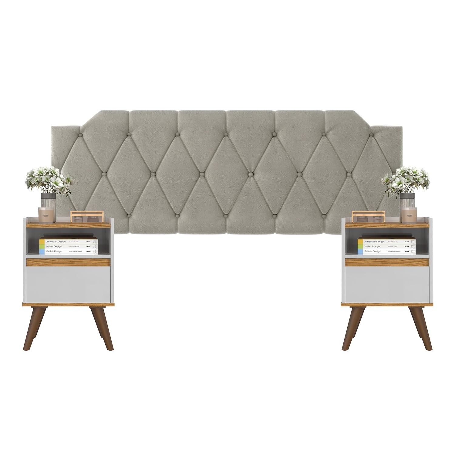 Conjunto Mesa de Cabeceira com Gaveta + Cabeceira Estofada para Cama Queen Size Bege
