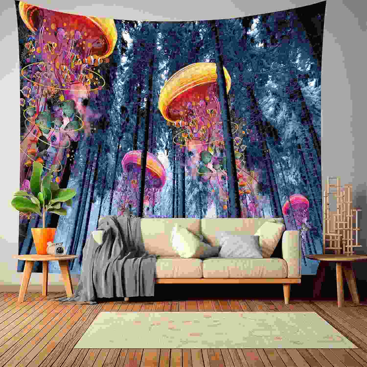 Tapeçaria de Parede Floresta de Fantasia com Design de Água-viva Surreal - Decoração Psicodélica Colorida para Quarto e Dormitório