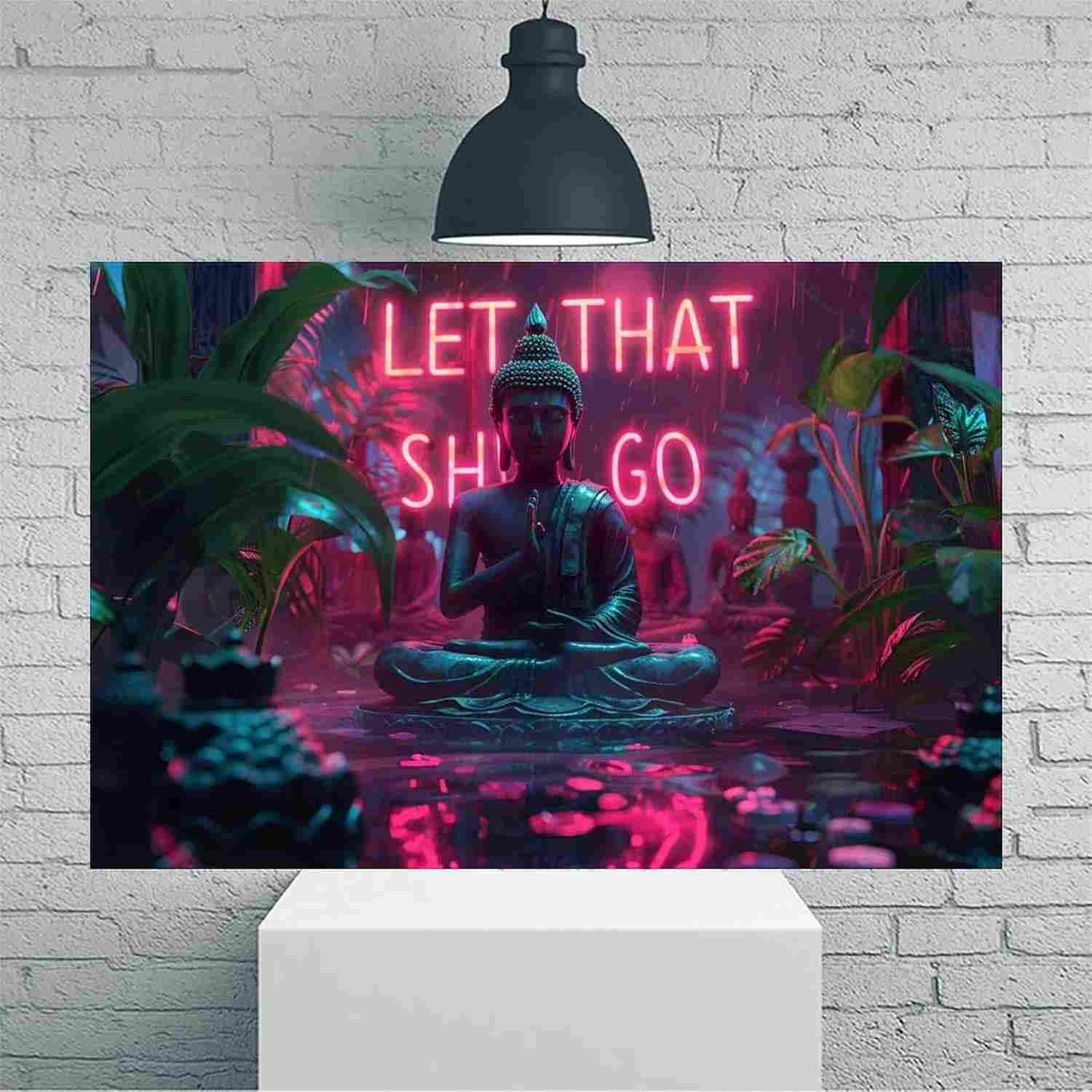 Let That Shit Go Quotes com Arte de Parede Neon Buddha Tropical Rain – Pôster em Tela Rústica Vintage 30x45cm