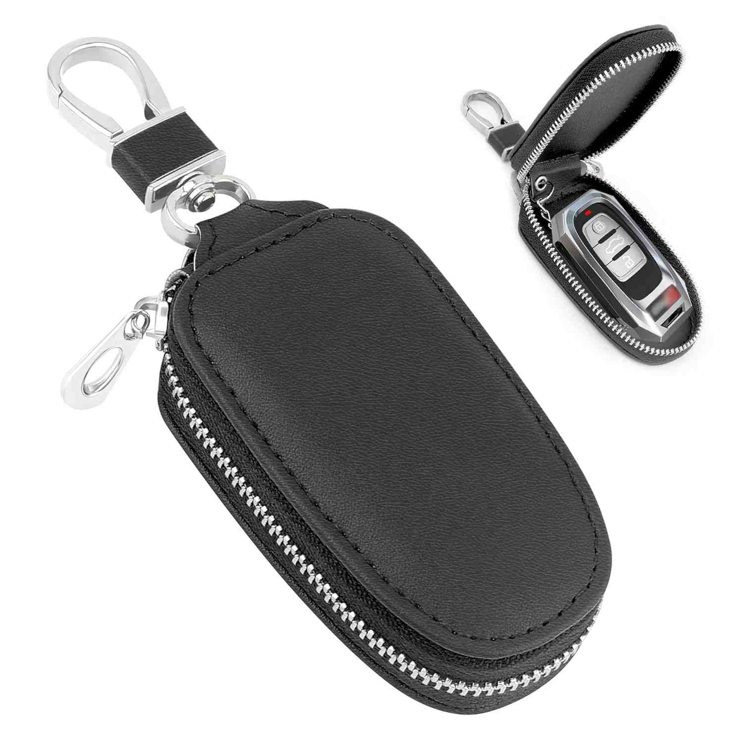 Protetor de chaveiro de carro de couro PU elegante com zíper e chaveiro, capa universal para chave de carro para carro SUV