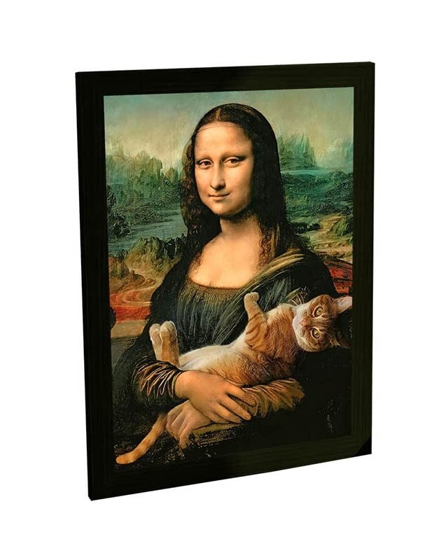 Quadro Decorativo A4 Engraçado Monalisa e Gato - Impressão em Alta Definição com Moldura em Pinus