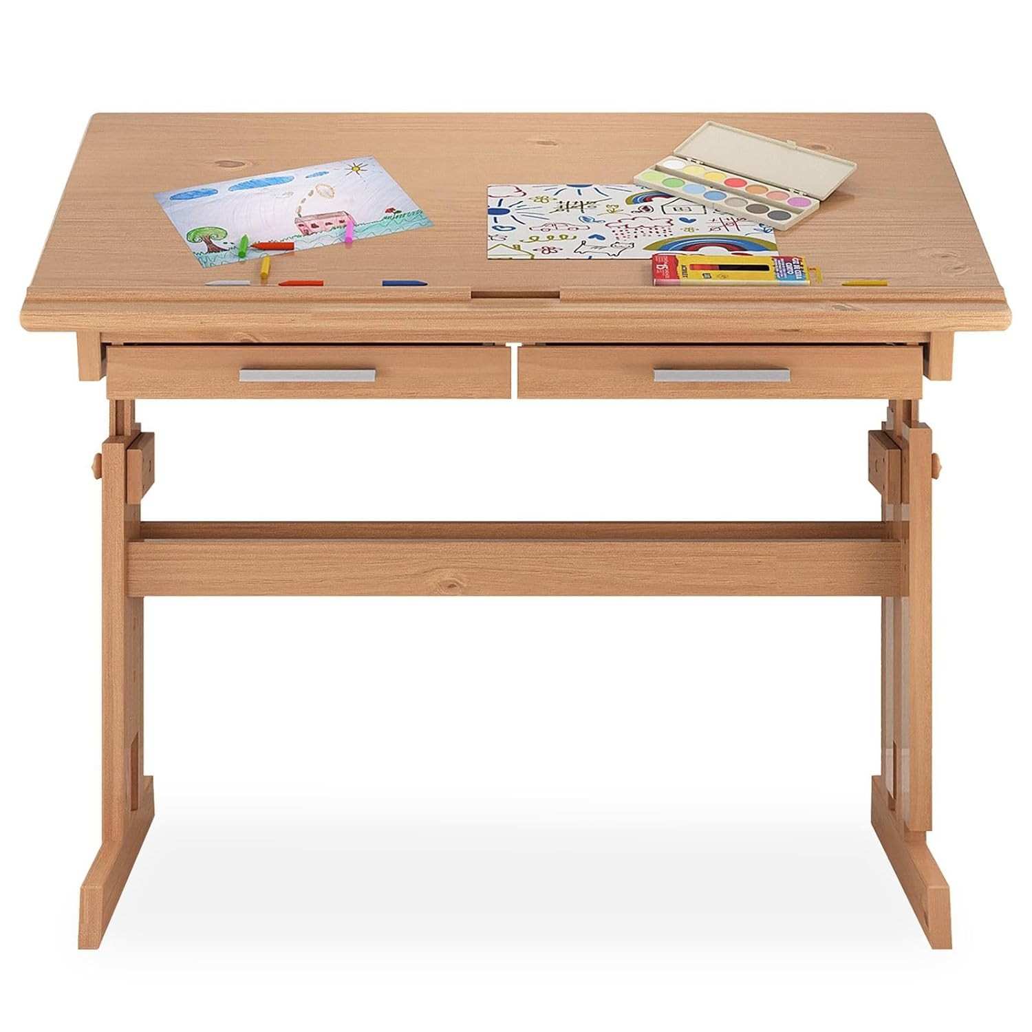 Escrivaninha Olivia em Madeira Maciça - Mesa de Desenho Ajustável com 2 Gavetas