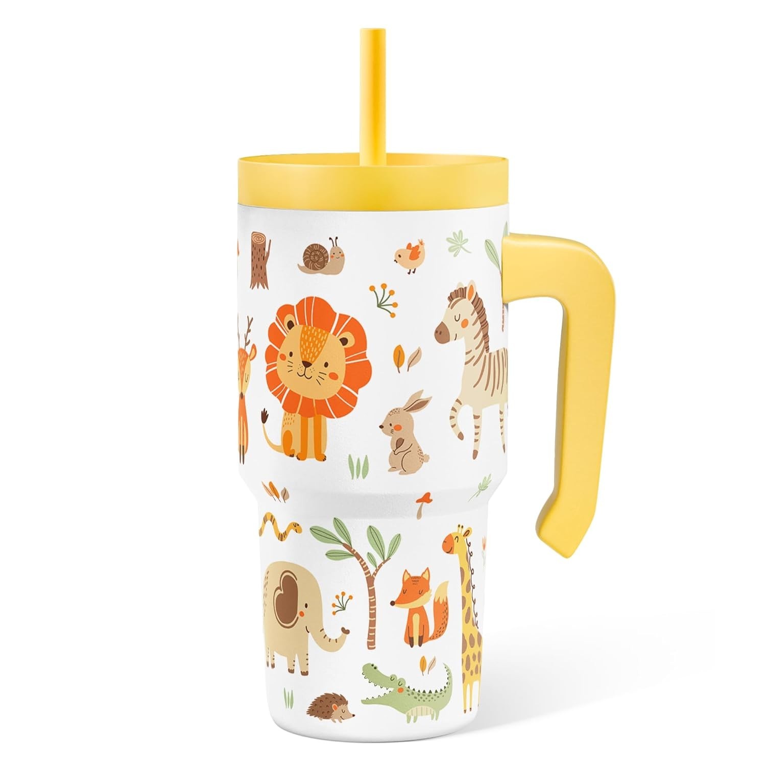 Copo Infantil com Canudo de Aço Inox 590ml - Estampas Animais Selvagens | Isolado, Seguro e Divertido