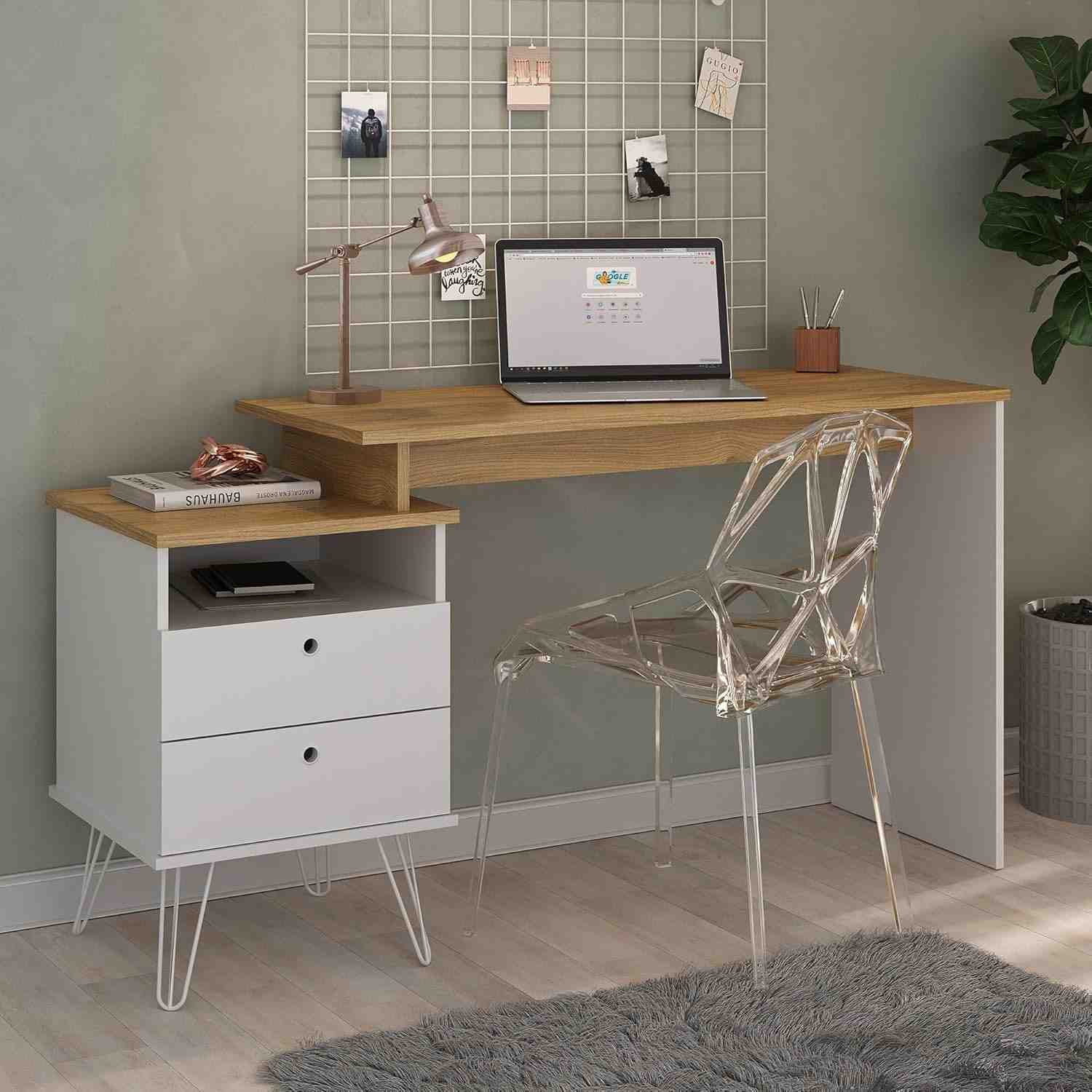 Escrivaninha com Regulagem Estilo Industrial Plus – Design Moderno em Carvalho e Branco
