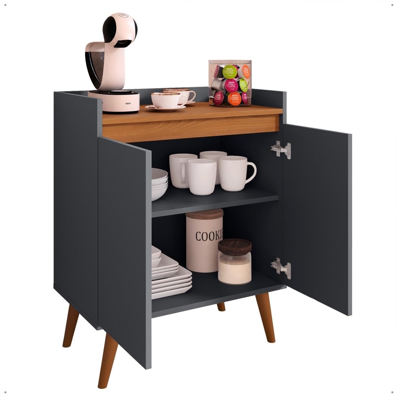 Armário Aparador Cantinho Do Café 2 Portas com Prateleira – Cinza/Freijó | Design Moderno e Funcional