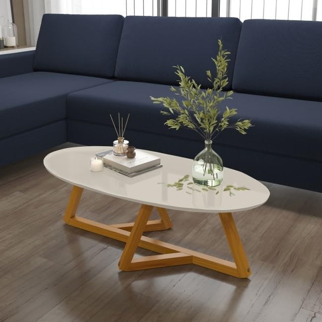 Mesa de Centro Oval Moderna em MDF com Tampo Off White - Design Geométrico 90x45x35cm