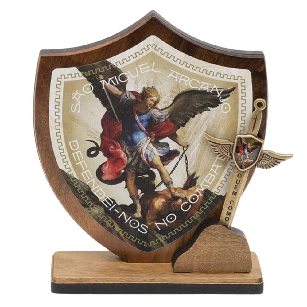 Adorno Mesa São Miguel Arcanjo com Espada - Escudo Religioso em Madeira