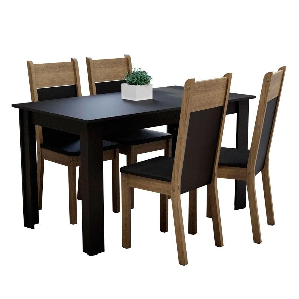Conjunto de Jantar Havana Madesa - Mesa 136cm com 4 Cadeiras Estofadas em Preto Rustic