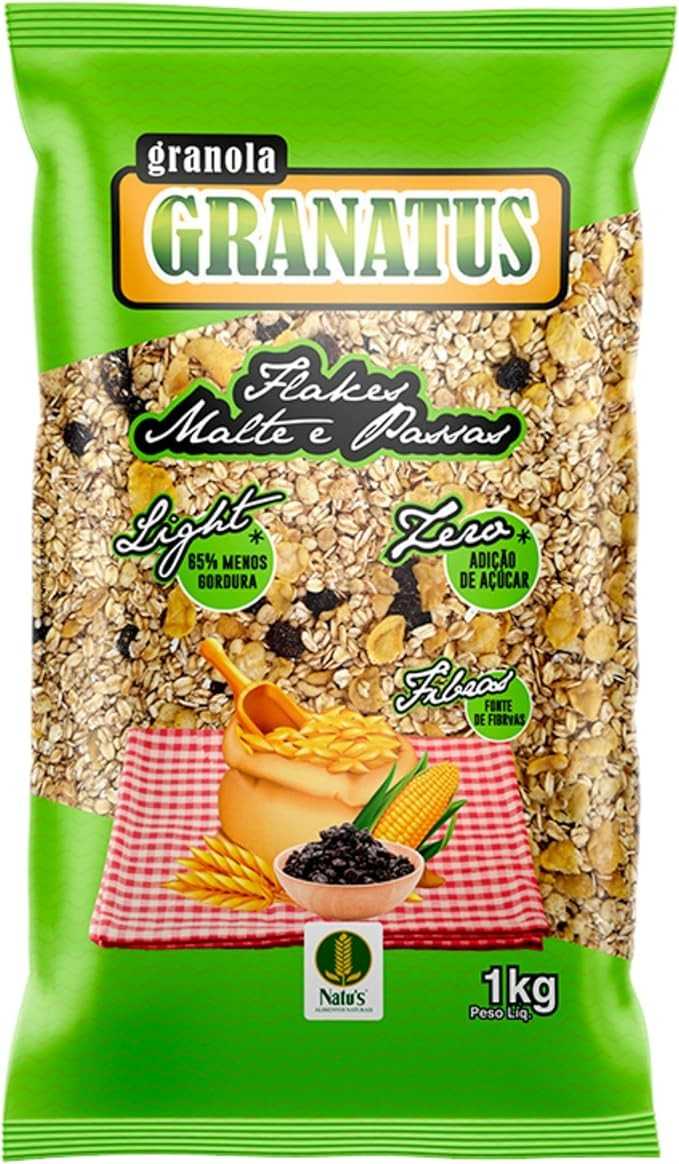 Natu's, Granola com Fibras, Flakes, Malte & Passas, Zero, Light, Granatus, 1 Kilo