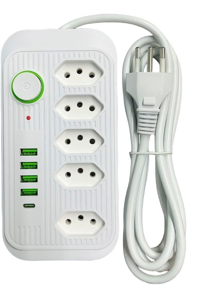 Filtro de Linha Premium: Régua com 5 Tomadas, 4 USB + 1 USB-C e Cabo 1.9m - Branco