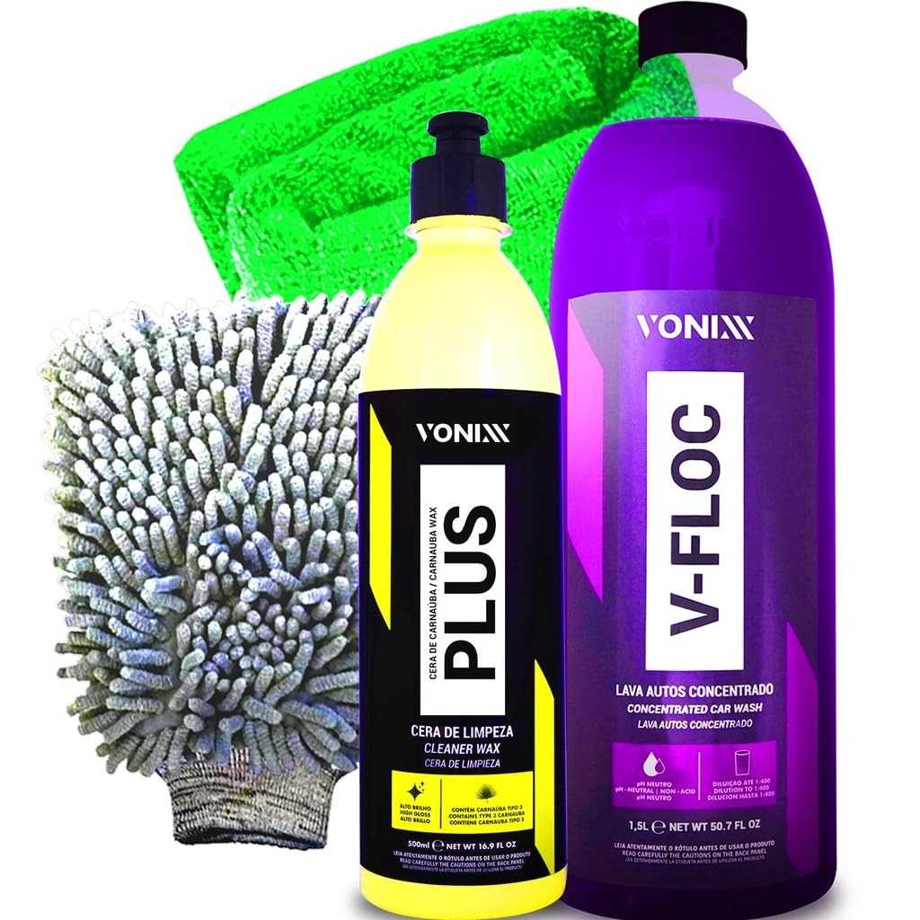 Kit Essencial Vonixx V-Floc 1,5L + Plus 500ml com Acessórios Karbox para Detalhamento Automotivo