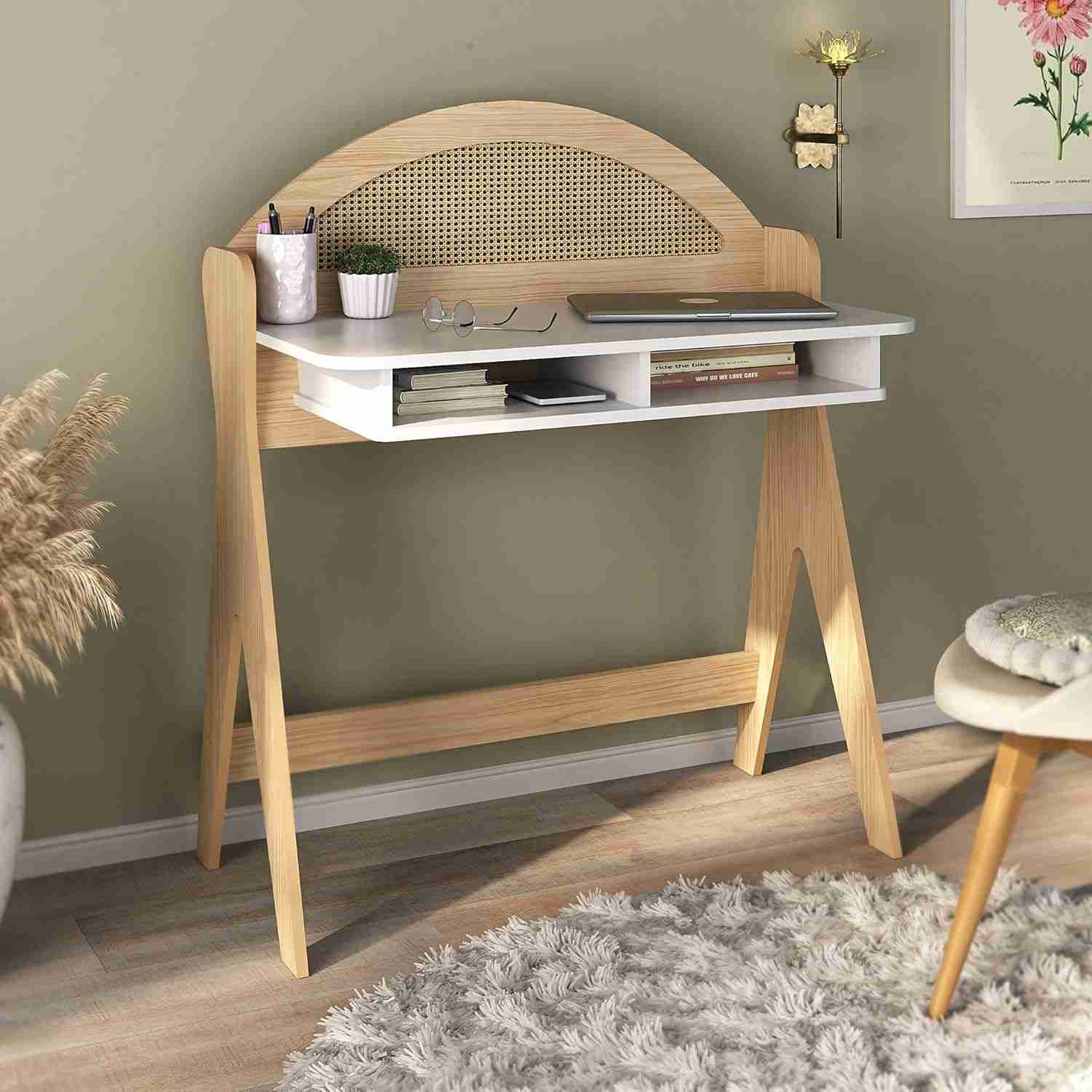 Escrivaninha com Nichos Impressão Palha 3D em MDF - Design Moderno e Funcional para Home Office