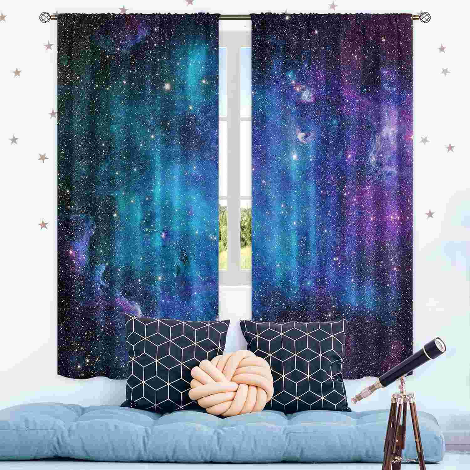 Cortinas Cinblue Outer Space para Galaxy - Design Astronômico com Bolso para Varão, 2 Painéis 107x160cm