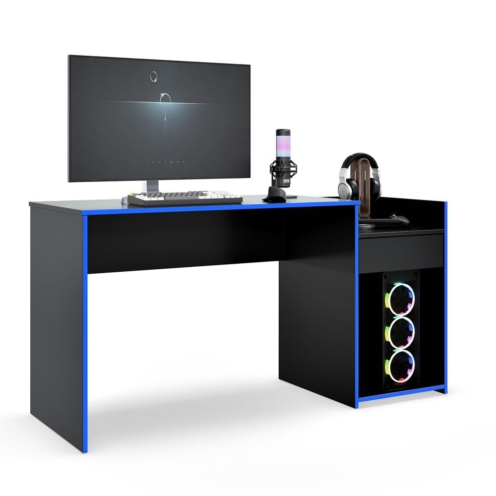 Mesa para Computador Gamer Eros com Gaveta e Nicho para CPU - Design Moderno Preto/Azul
