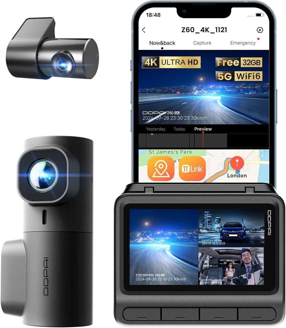 DDPAI Z60: Câmera Veicular 3 Canais 4K com GPS, Wi-Fi 5GHz e Visão Noturna AI-ISP 2.0