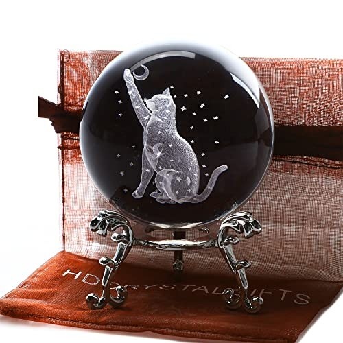 Bola de Cristal 3D com Gato da Lua - 60mm com Suporte, Presente Encantador em Cristal K9