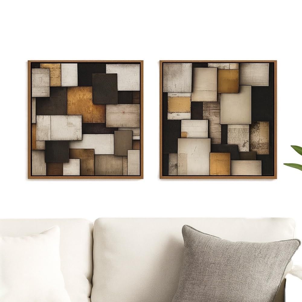Kit 2 Quadros Decorativos Abstratos Geométricos 30x30 cm com Moldura Dourada – Estilo Moderno e Sofisticado