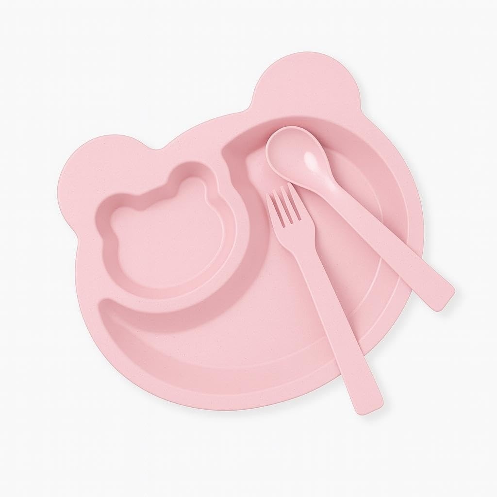 Kit Introdução Alimentar Bebê em Fibra de Trigo - Prato Ursinho com Colher e Garfo Antiderrapante Rosa