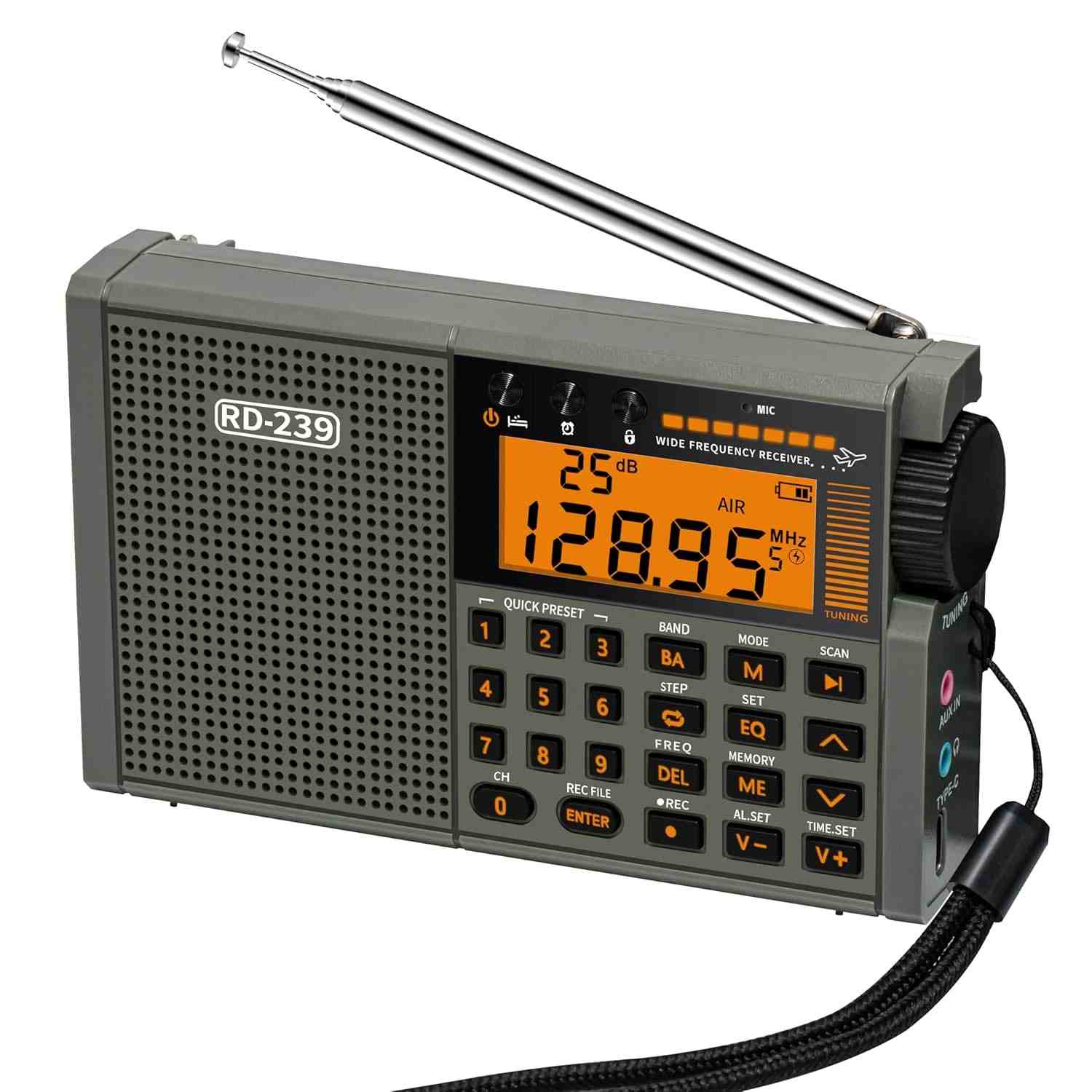 Rádio Portátil AIR/VHF/AM/FM/SW/Clima com Gravação Digital, Lanterna e Mais