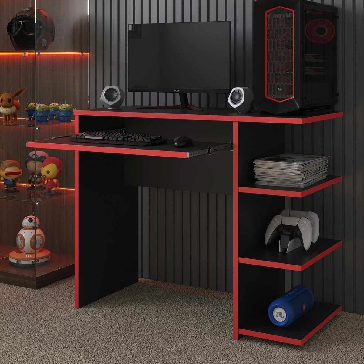 Mesa Escrivaninha para Computador com Estante Lateral - Design Moderno para PC Gamer e Escritório (Preto e Vermelho)