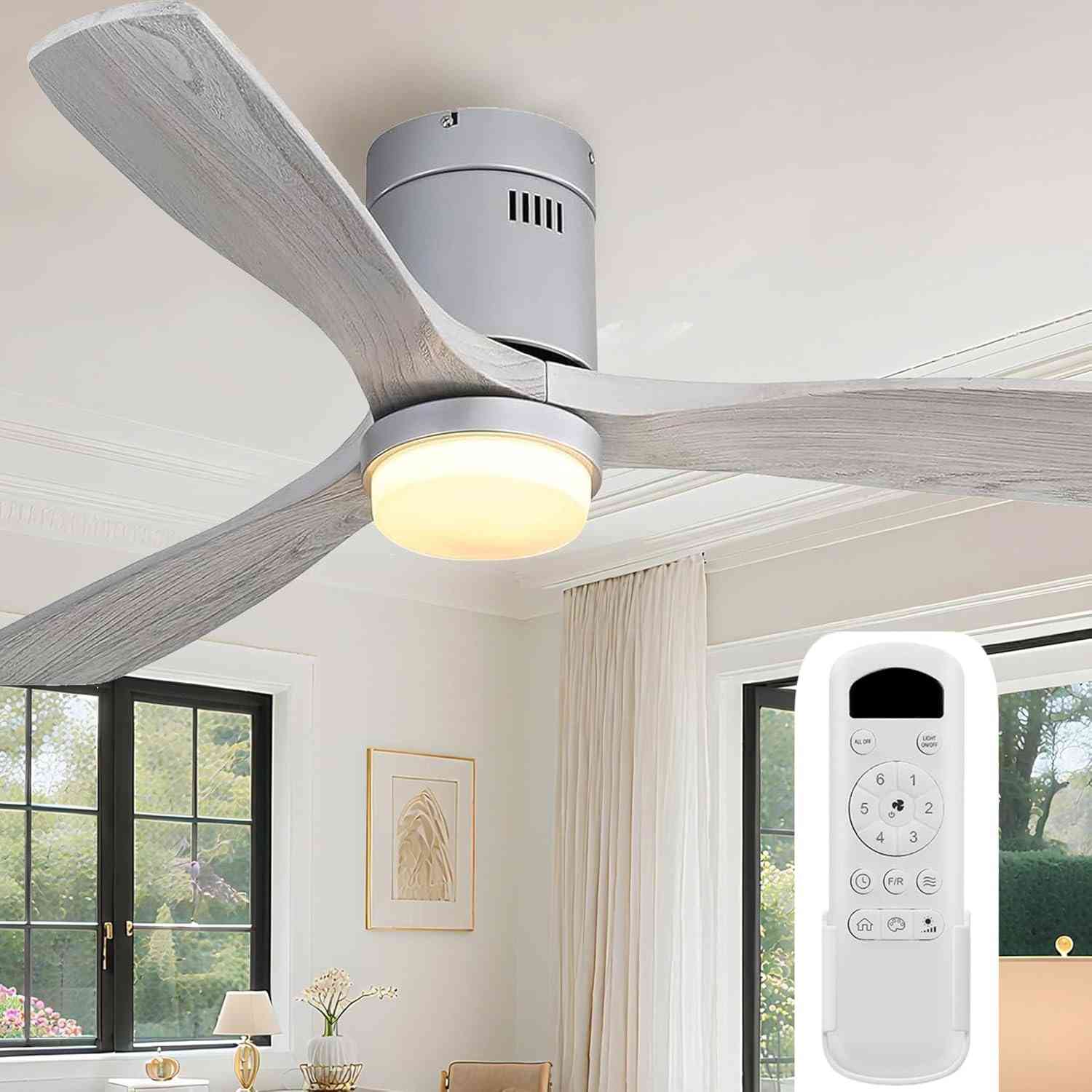 Ventilador de Teto Sofucor com Luz LED e Controle Remoto - 132cm, 3 Lâminas de Madeira, Design Moderno para Ambientes Internos e Externos