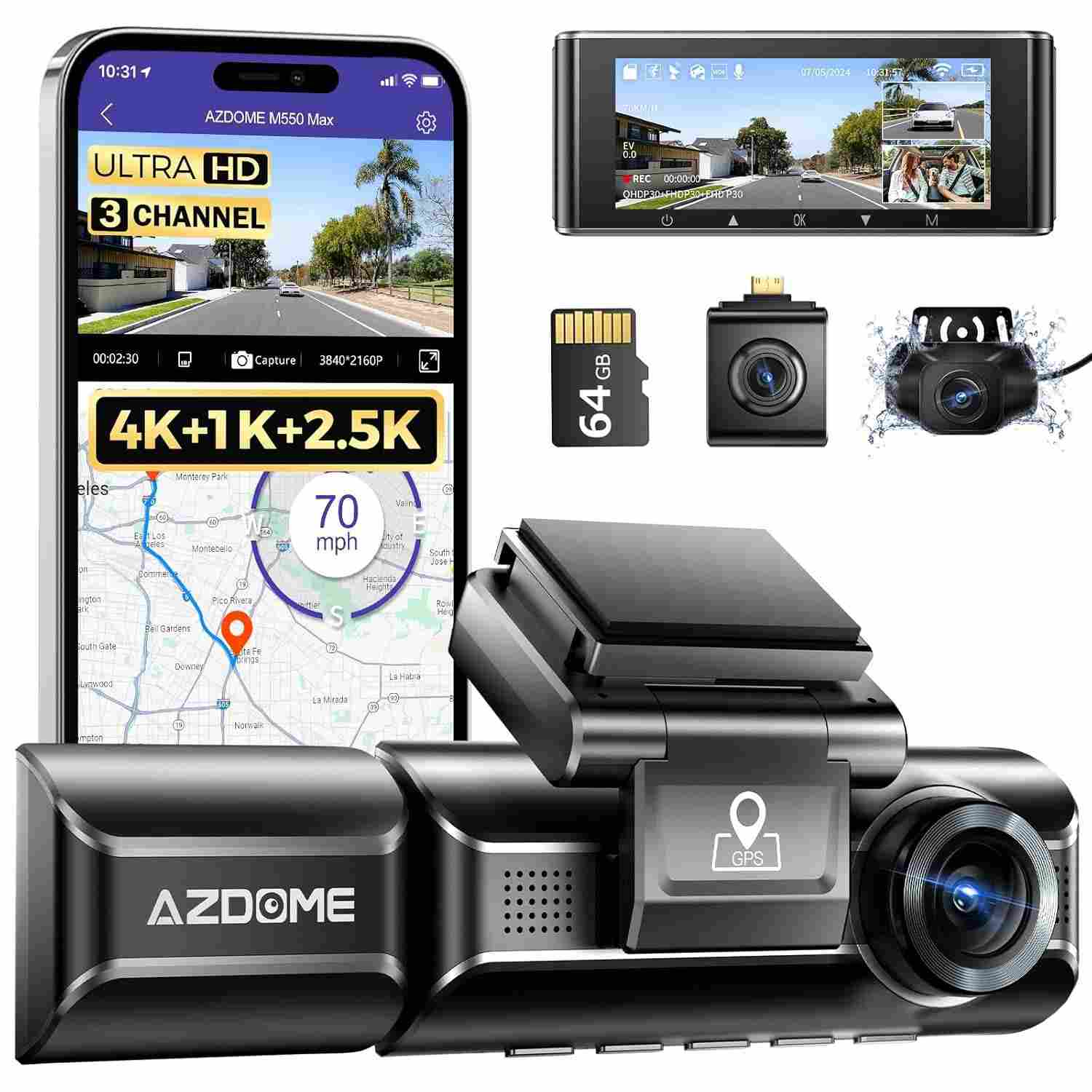 AZDOME M550 Max: Dash Cam 4K 3 Canais com GPS, WiFi e Visão Noturna Superior