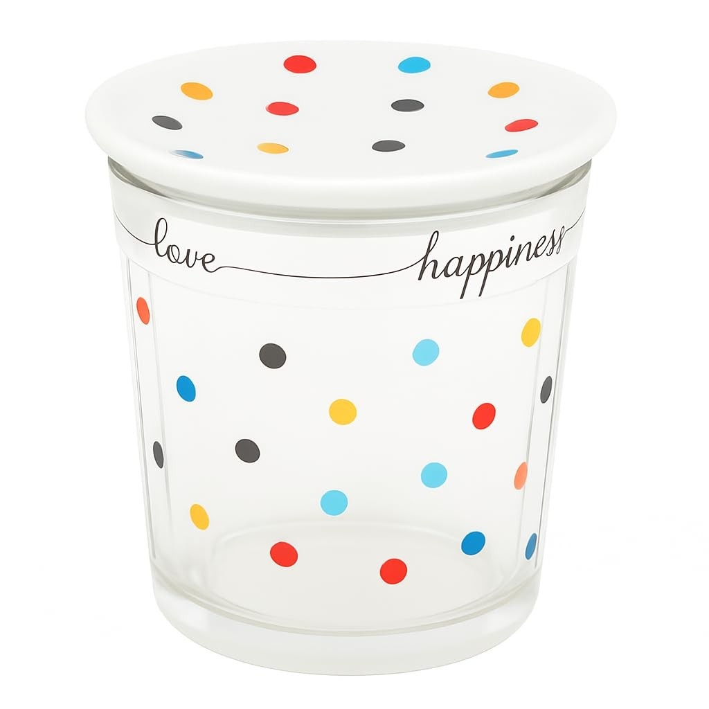 Copo 300ml em Vidro com Tampa Decorada - Estampa Exclusiva Mini Dots