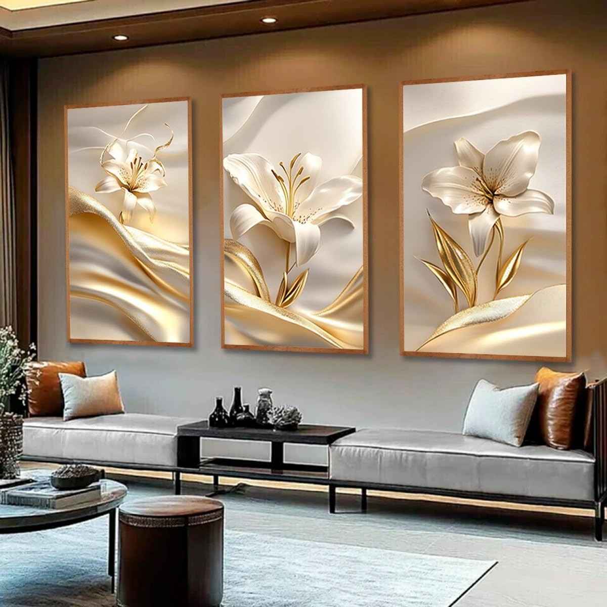 Kit com 3 Quadros Decorativos 30x50 cm Floral Vibrante - Estilo Contemporâneo com Moldura Natural