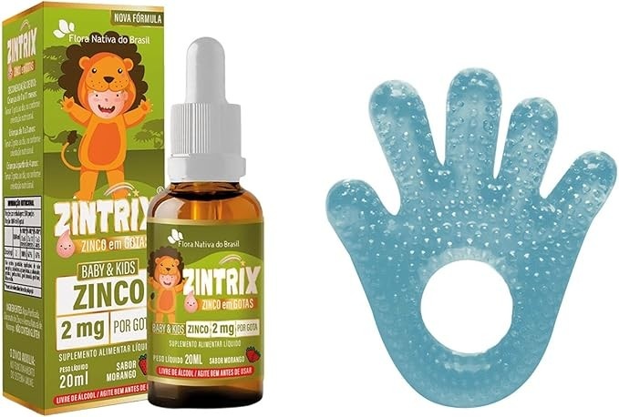 BUBA Mordedor Com Agua Maozinha Azul + Zintrix Suplemento Infantil de Zinco 20ml Morango - Flora Nativa