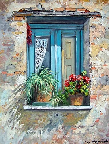 Flores na Janela de Francesco Mangialardi - Tela Canvas 30x39cm | Arte Giclée com Qualidade de Museu