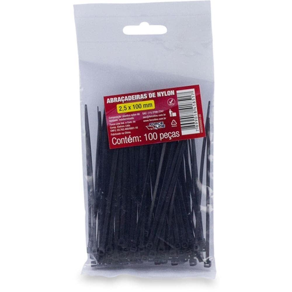 Abraçadeira de Nylon Force Line 100x2.5mm Preta - Kit com 100 Unidades | Fixação Segura e Organizada