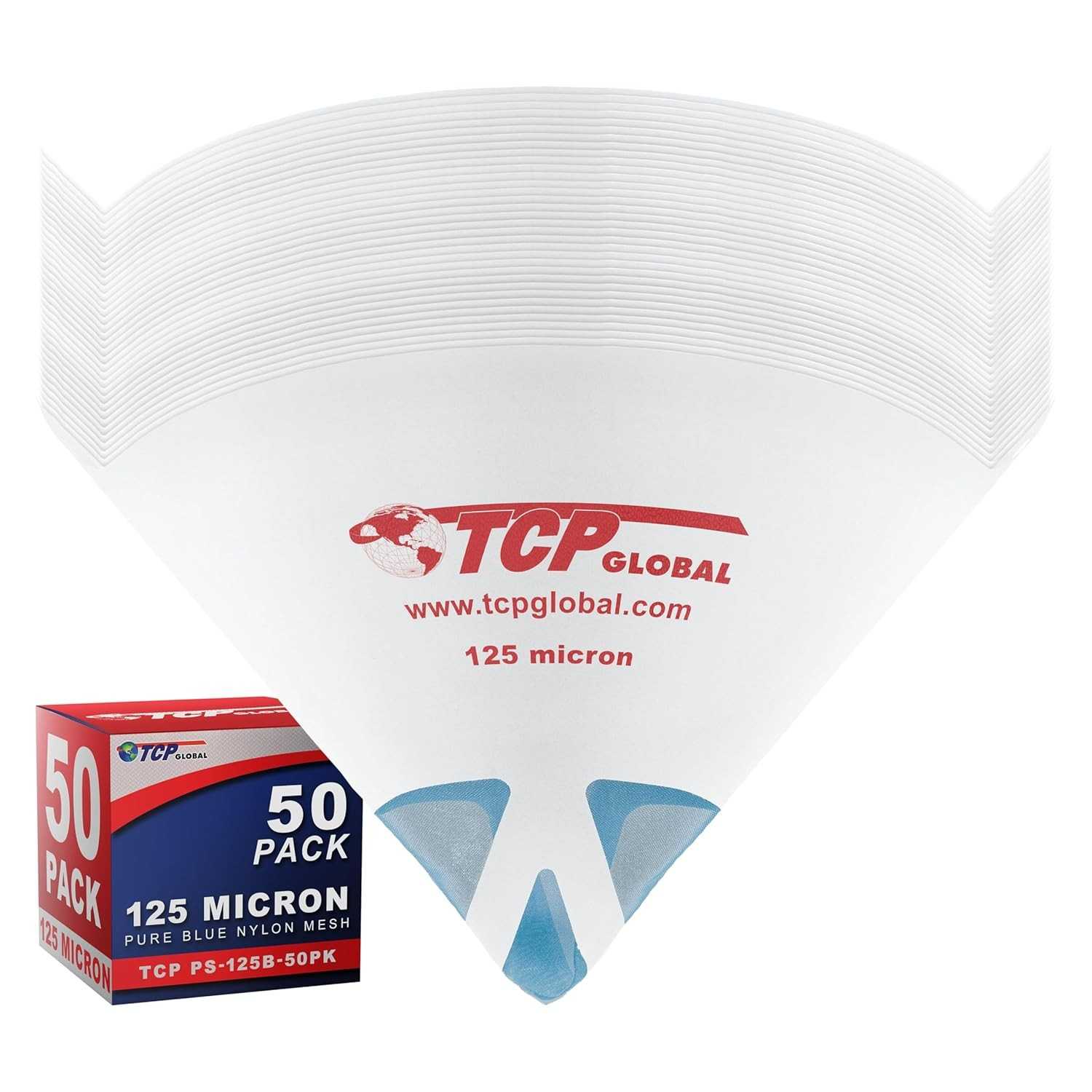 TCP Global Pacote de 50 filtros de tinta com pontas de filtro ultrafinas de 125 mícrons - malha de nylon azul ultra fluxo azul puro premium - Tela de filtro de tinta cone - Coe finamente tinta para