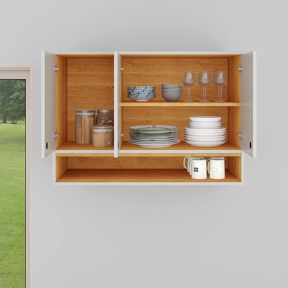Armário Aéreo 3 Portas com Nicho - Design Moderno para Cozinha e Área de Serviço (Off White e Cinamomo)