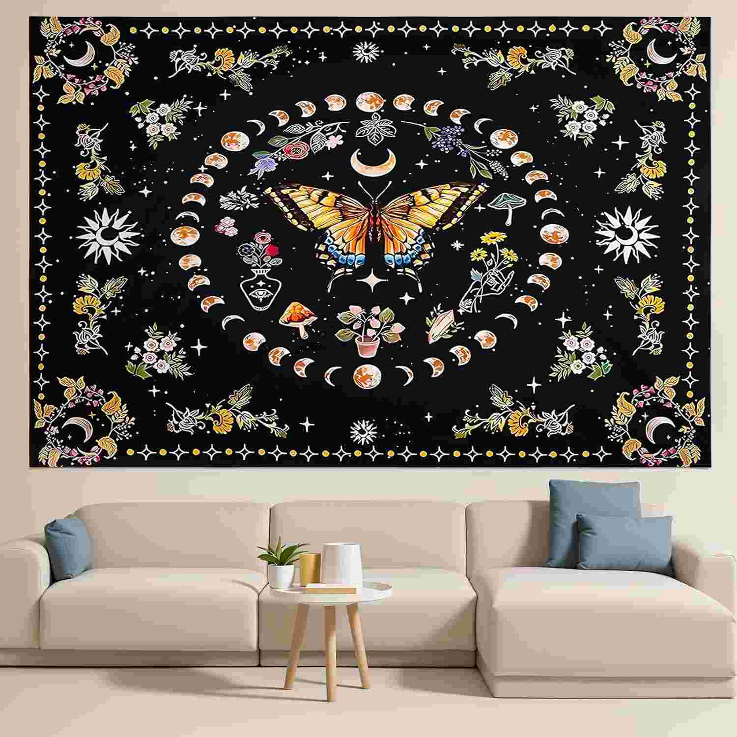 Tapeçaria de Borboleta com Flores | Estilo Boho para Decoração de Parede