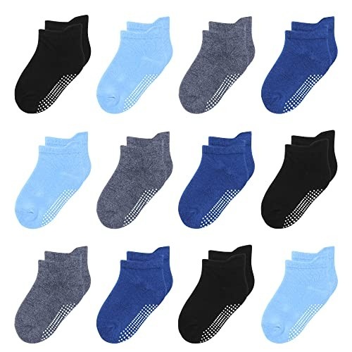 HYzgb Meias Infantis Antiderrapantes com Aderência para Meninos de 5 A 6 A 7 Anos de Idade, 12 Pares de Meias de Algodão para Crianças Pequenas, Meias Aderentes No Tornozelo para Meninos de 5 A 6 A 7