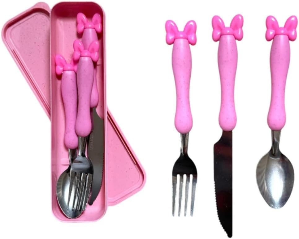 Kit Talheres Infantis Rosa com Estojo - 4 Peças em Inox para Introdução Alimentar