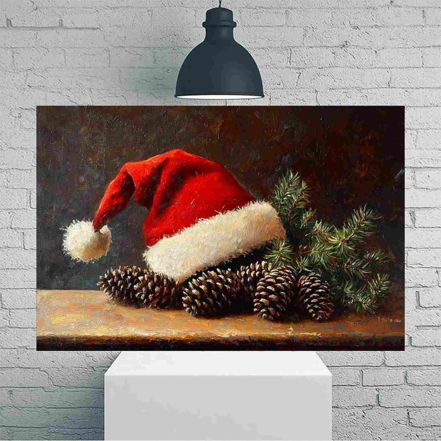 Arte de Parede Vintage Natalina com Pinhas e Chapéu de Papai Noel - Pôster 30,5x45,7cm para Decoração Rústica