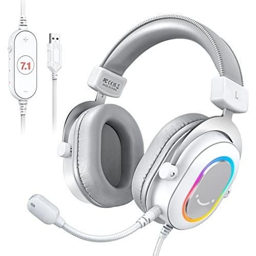 FIFINE USB Gaming Headset, fones de ouvido PC com fio com microfone para computador/laptop, over-ear RGB headset com som surround 7.1, cancelamento de ruído para streaming de vídeo game - H6 branco