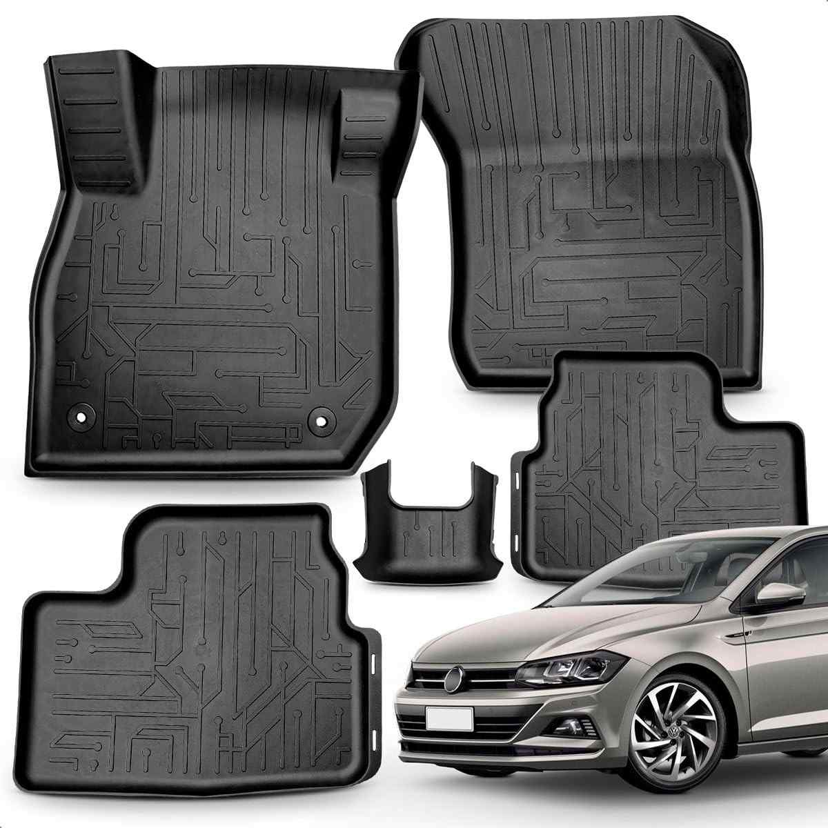 Jogo de Tapetes Tipo Bandeja Preto para VW Polo (2017-2026) - 5 Peças em Borracha com Borda Alta e Grid