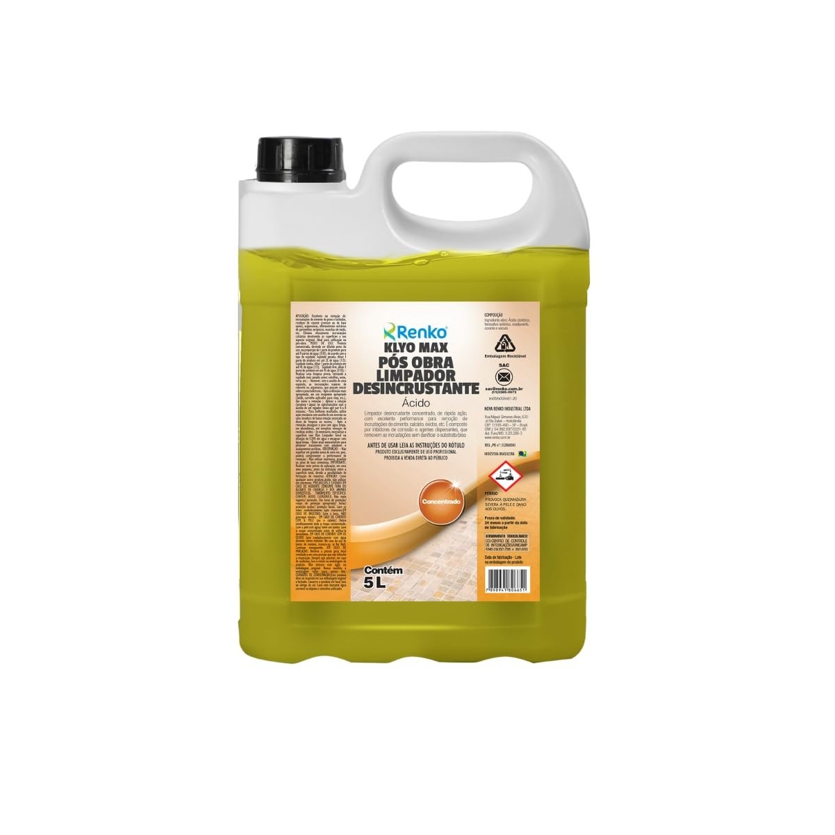 Klyo Max Limpador Desincrustante Ácido Pós Obra Renko 5L - Concentrado com Diluição 1:10