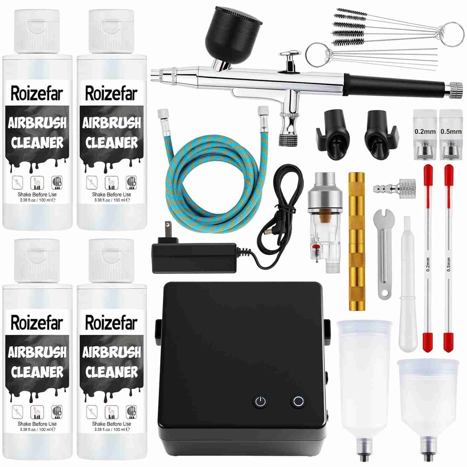Roizefar Kit de Aerógrafo com Compressor 55 PSI - Sistema Profissional Sem Entupimento, Bicos 0,2/0,3/0,5 mm, 4x100ml + Acessórios